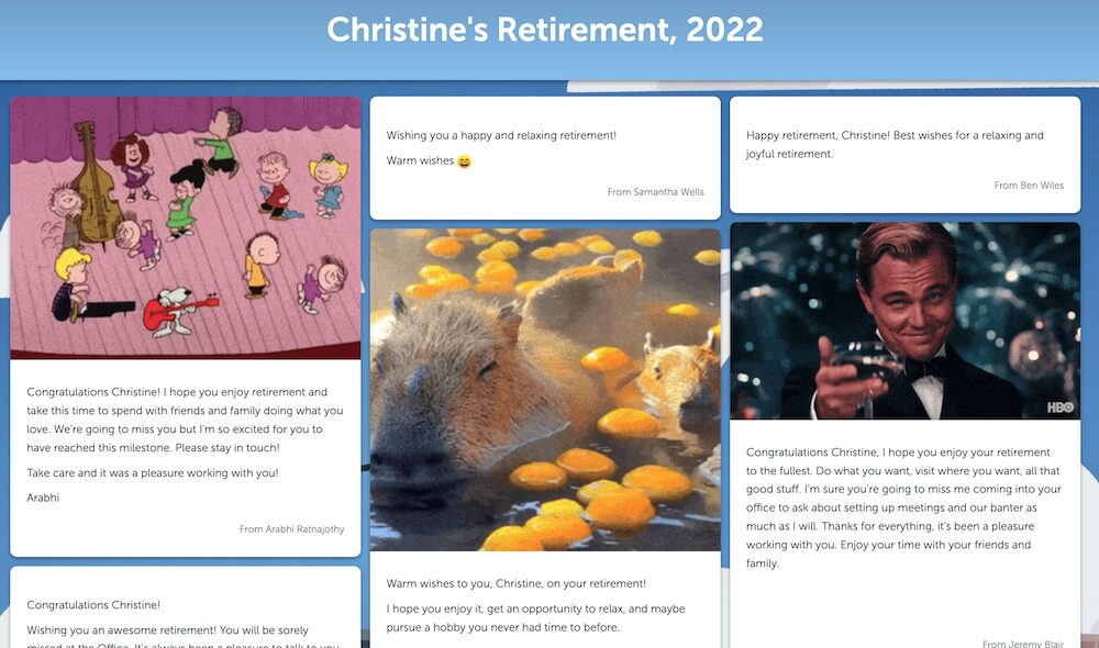 Kudoboard from a virtual retirement party